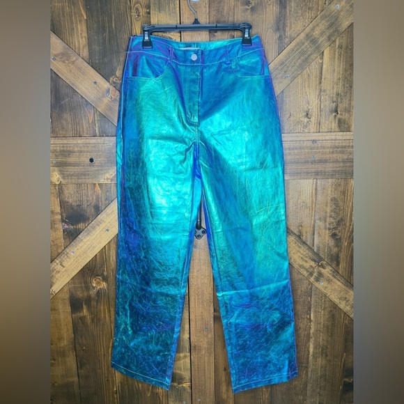NEW AMYLYNN USA Lupe Purple Iridescent Metallic Faux Leather Trousers Size L - Picture 6 of 12